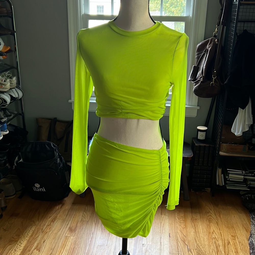 Hot & Delicious Neon Two Piece Sheer ish mesh skirt and crop top seat neon 80s